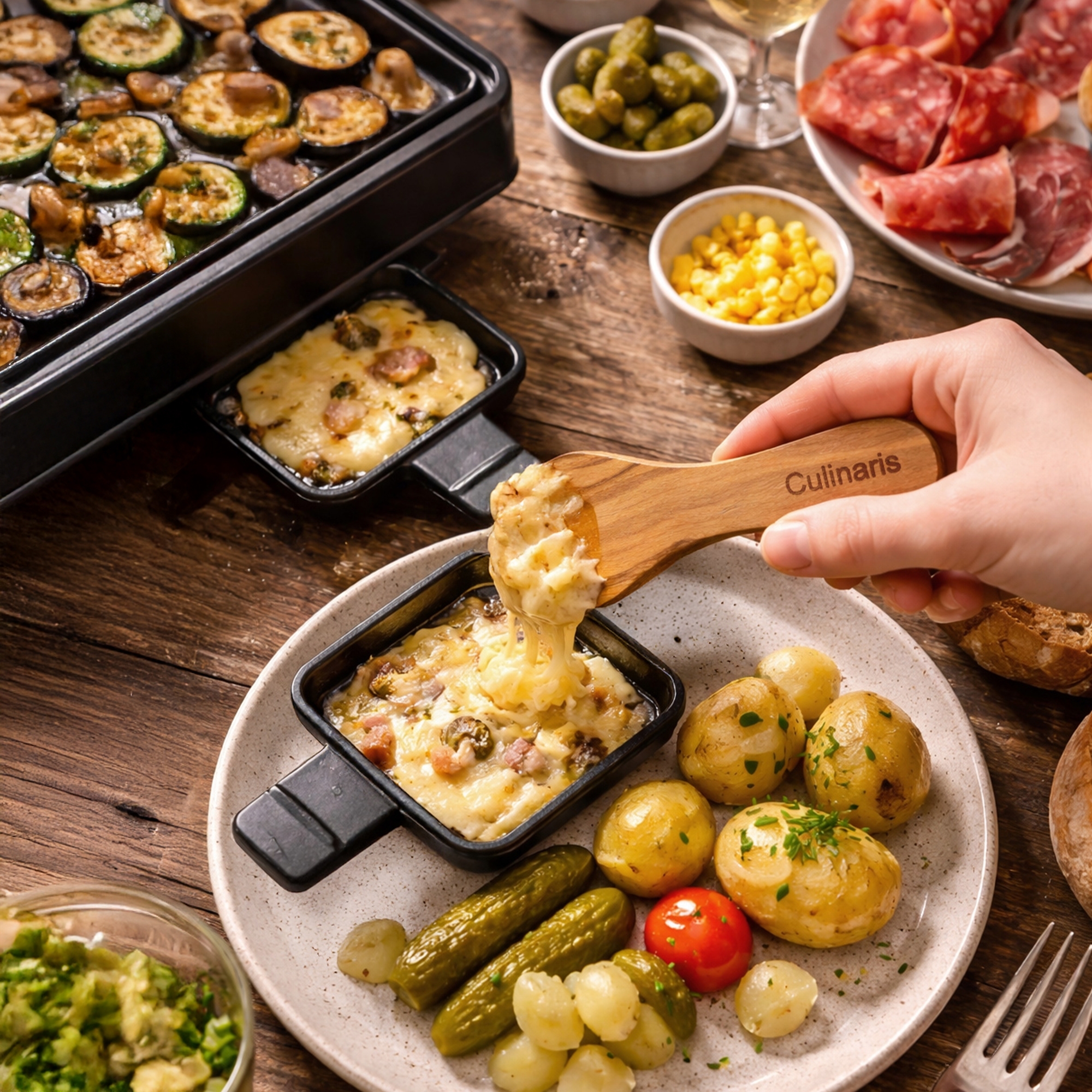 Olive wood Raclette scraper by Culinaris in use