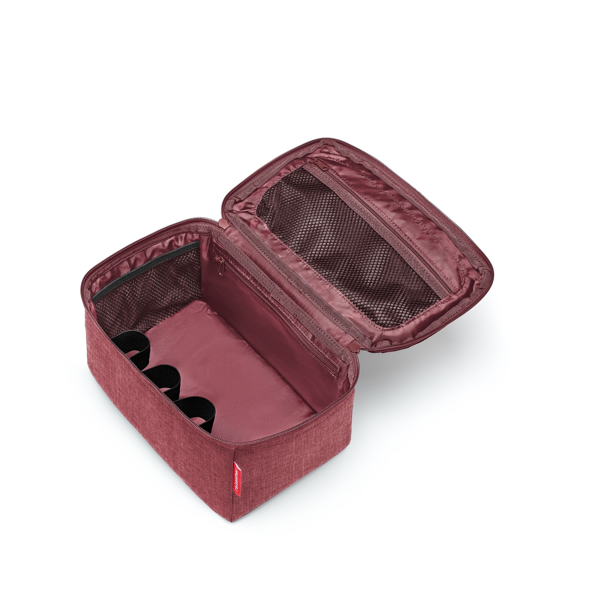 Open red toiletry bag with mesh pockets and elastic holders