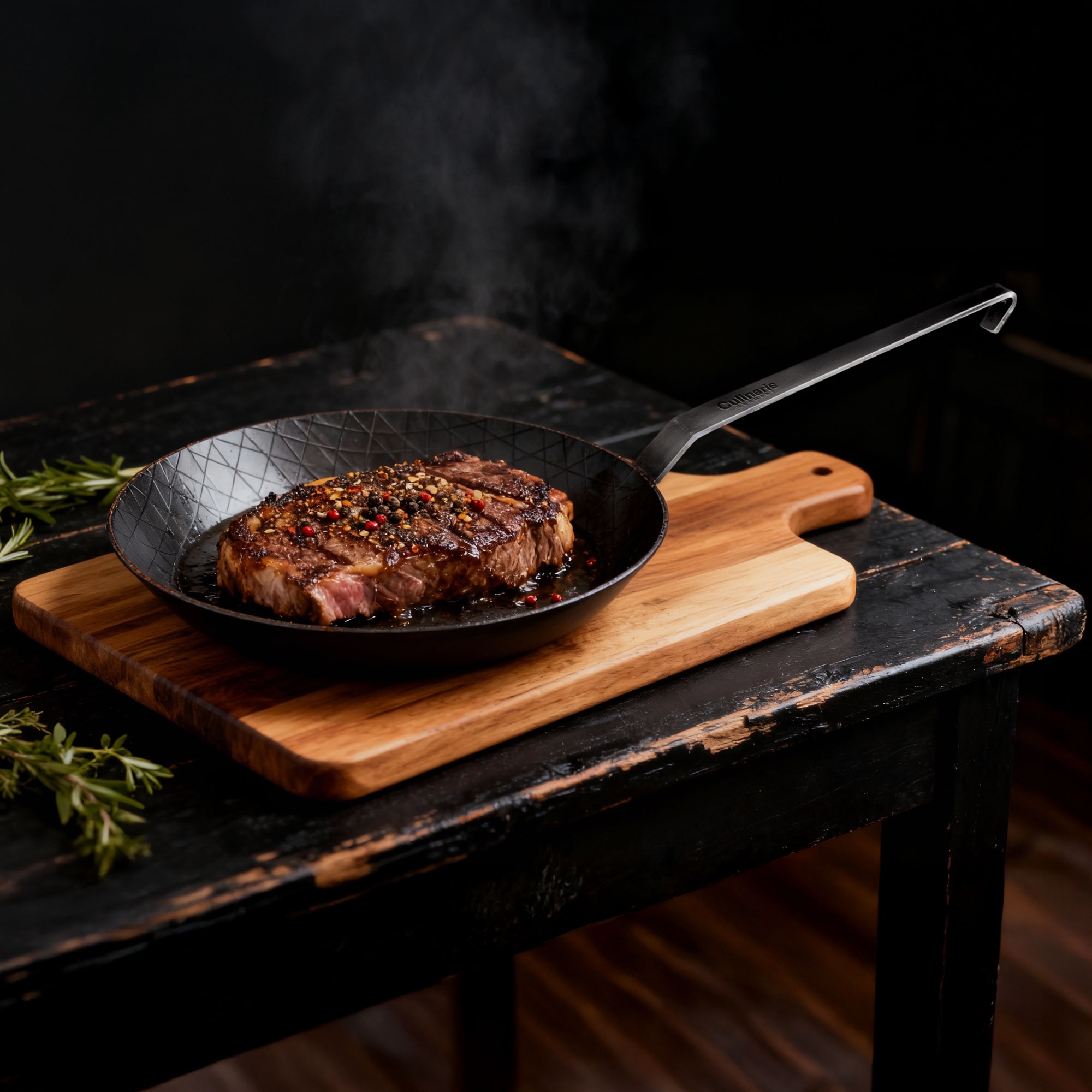 Grilled steak in pan with pepper and spices on wooden board