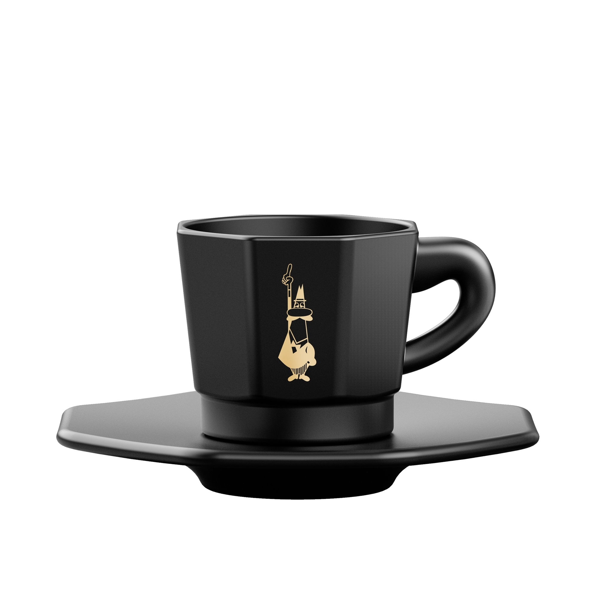 Bialetti - 4 Stück achteckige Espressotassen mit Untertassen schwarz