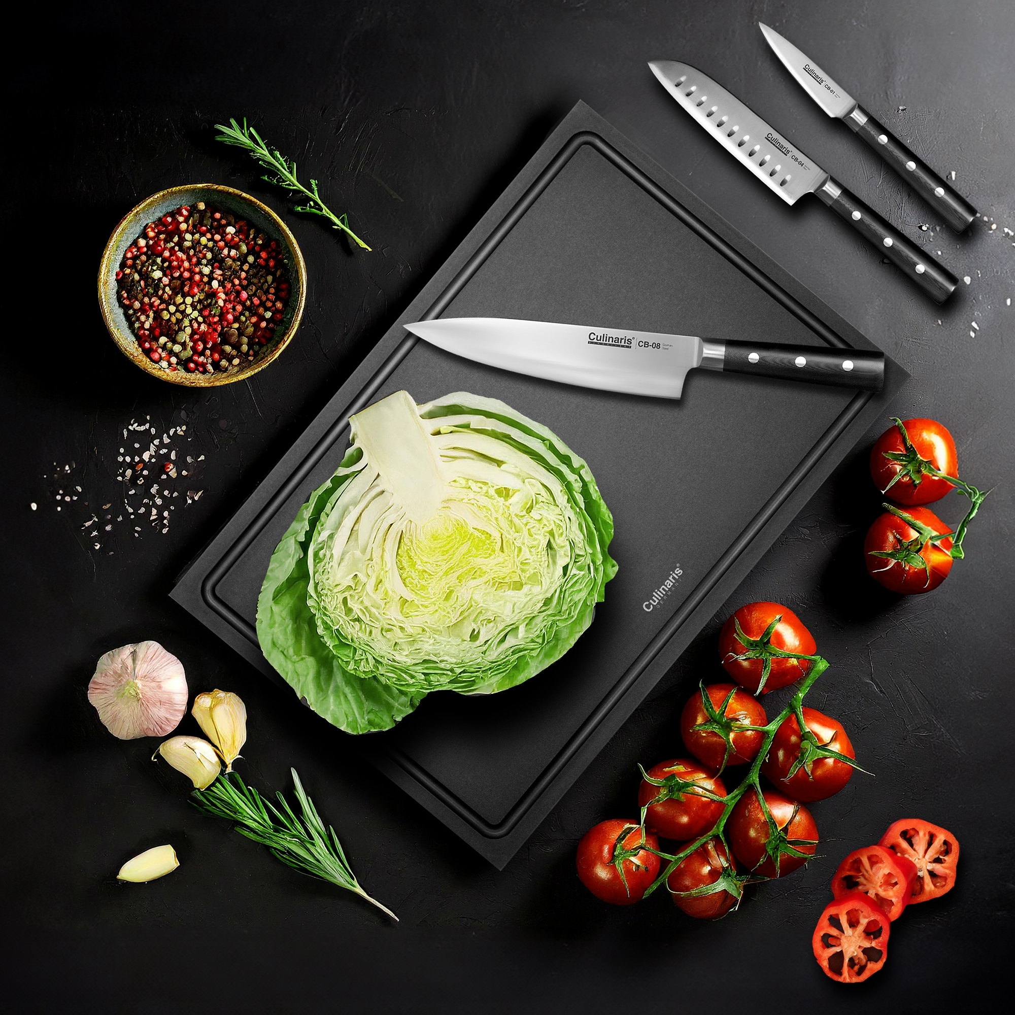 Cutting board NERO + paring knife + santoku knife + chef's knife - 4-pcs. | Culinaris Cutting board NERO + paring knife + santoku knife + chef's knife - 4-pcs. | Culinaris