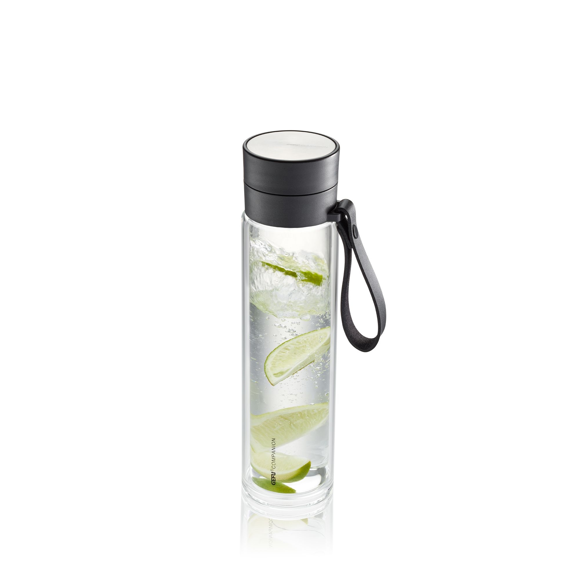 Transparent glass bottle with water and lime slices