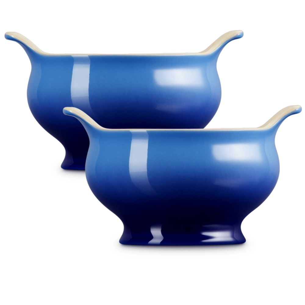 Zwei blaue Keramik-Saucieren mit Griffen