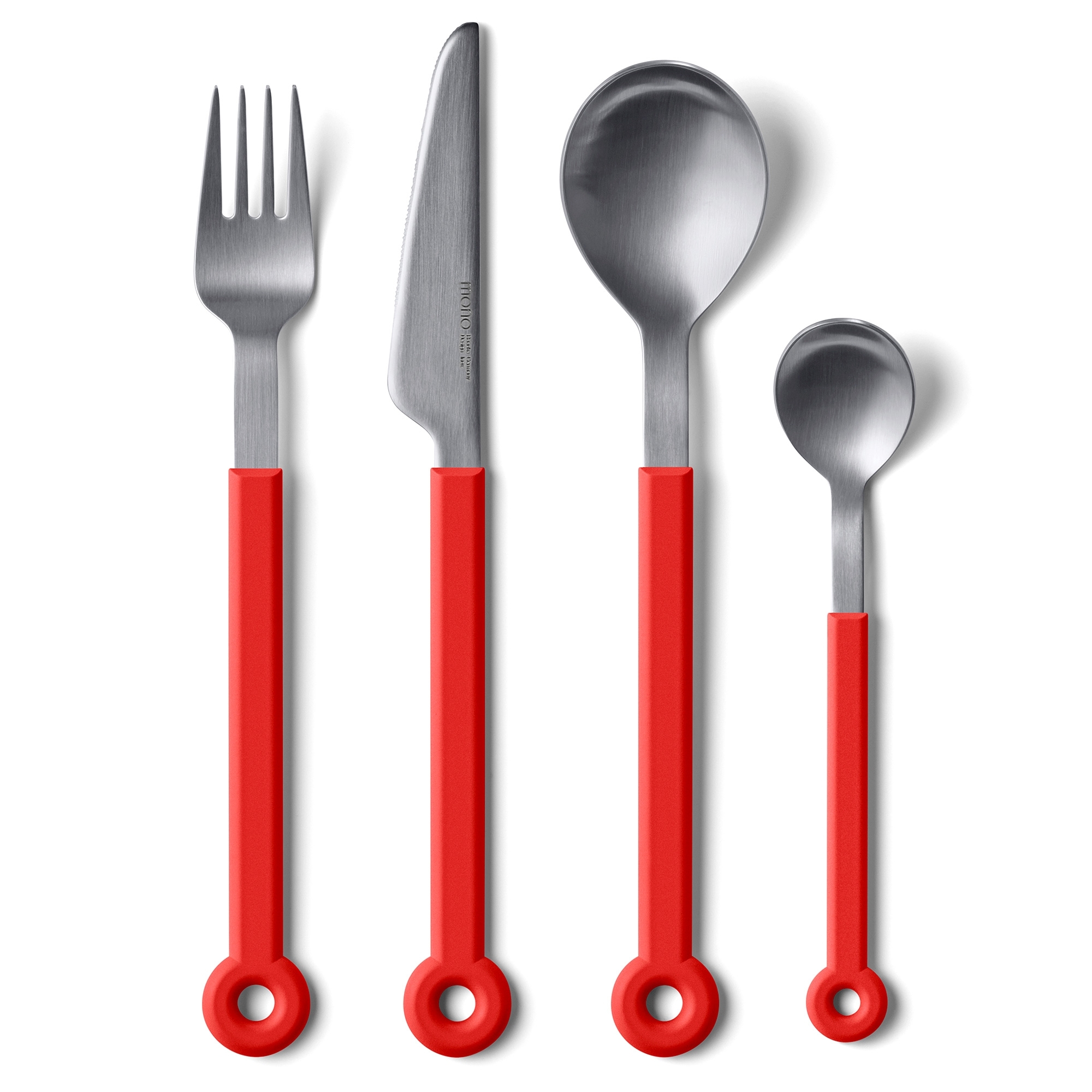 Messer, Gabel, Löffel und Teelöffel mit roten Griffen