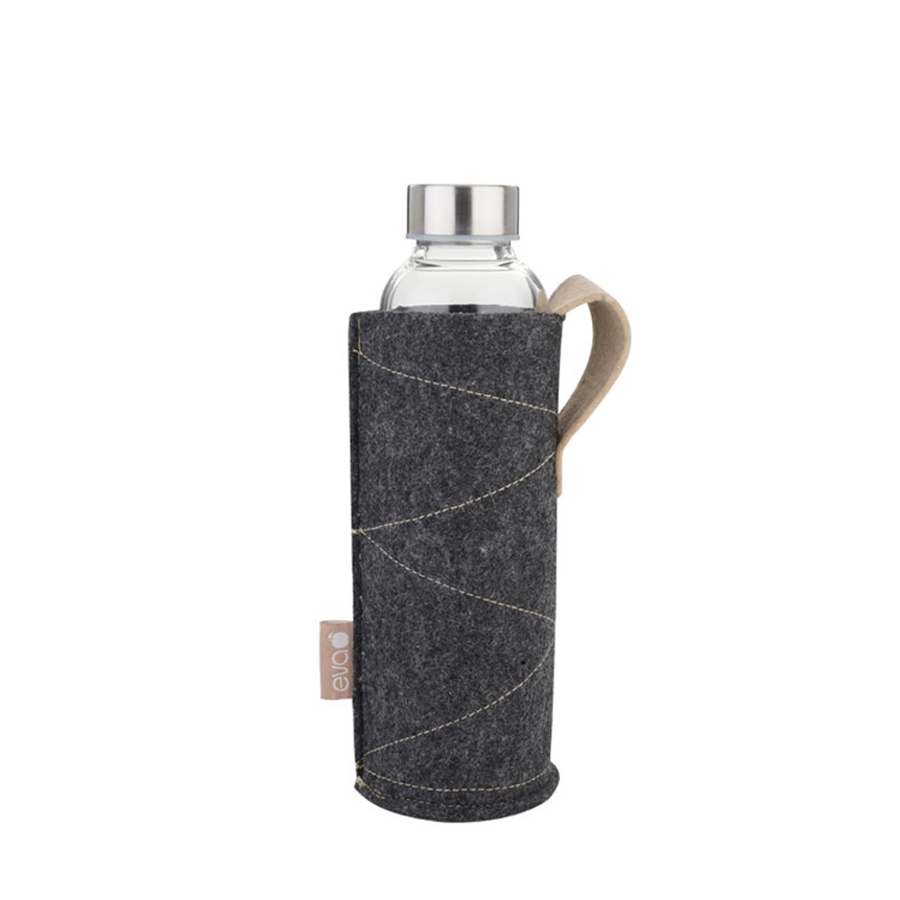 Transparent water bottle in grey felt sleeve