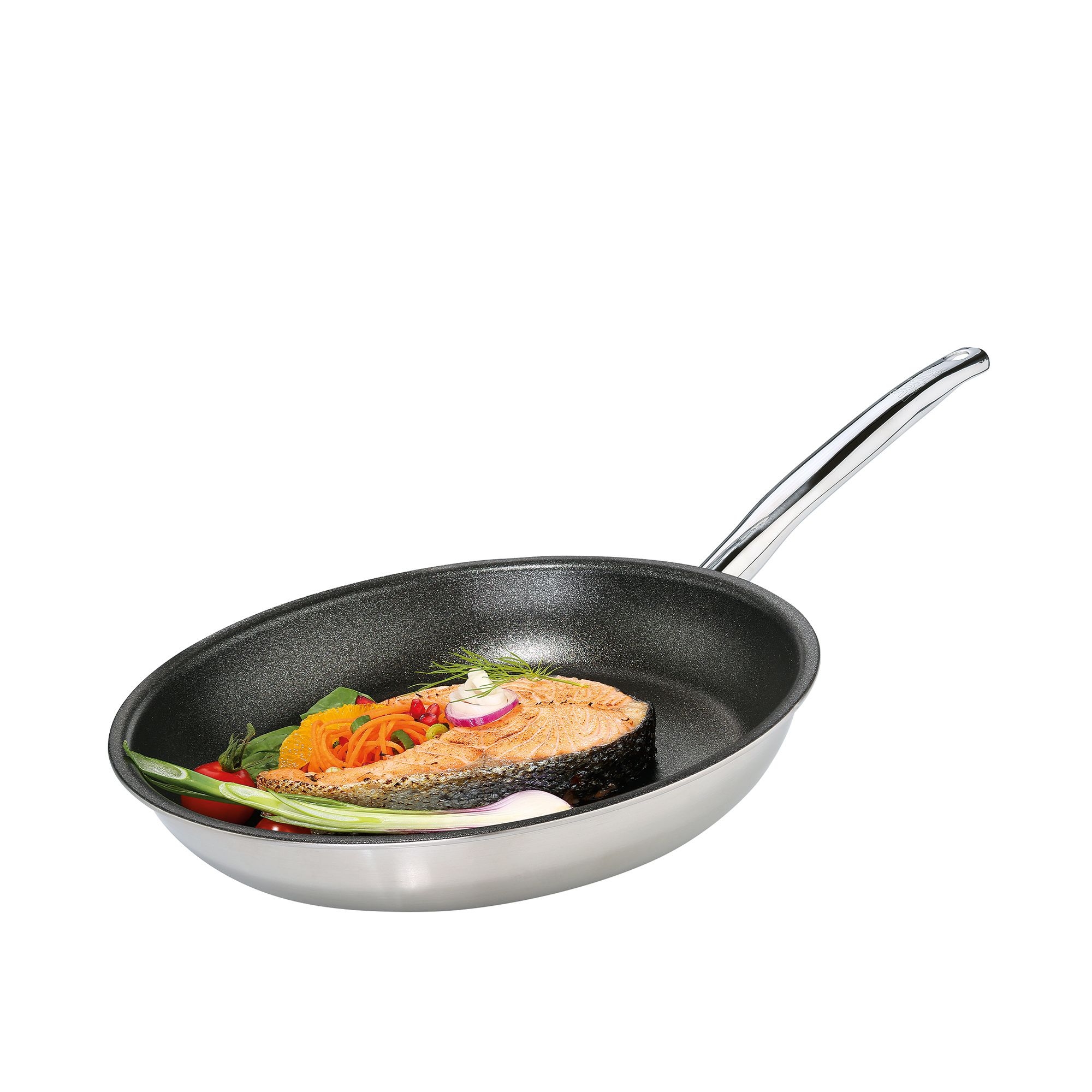 Stainless steel frying pan with salmon and vegetables, 28 cm