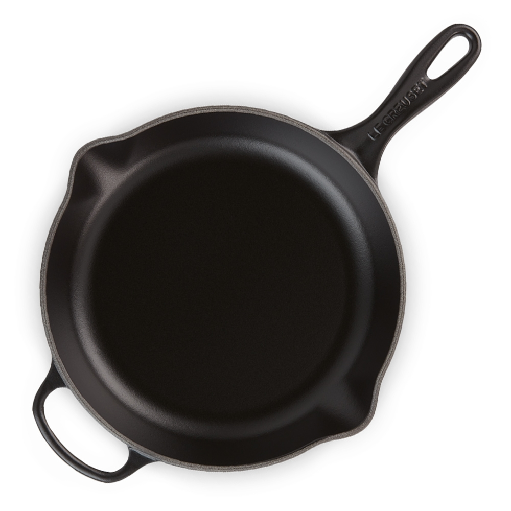 Round black cast iron frying pan with two handles