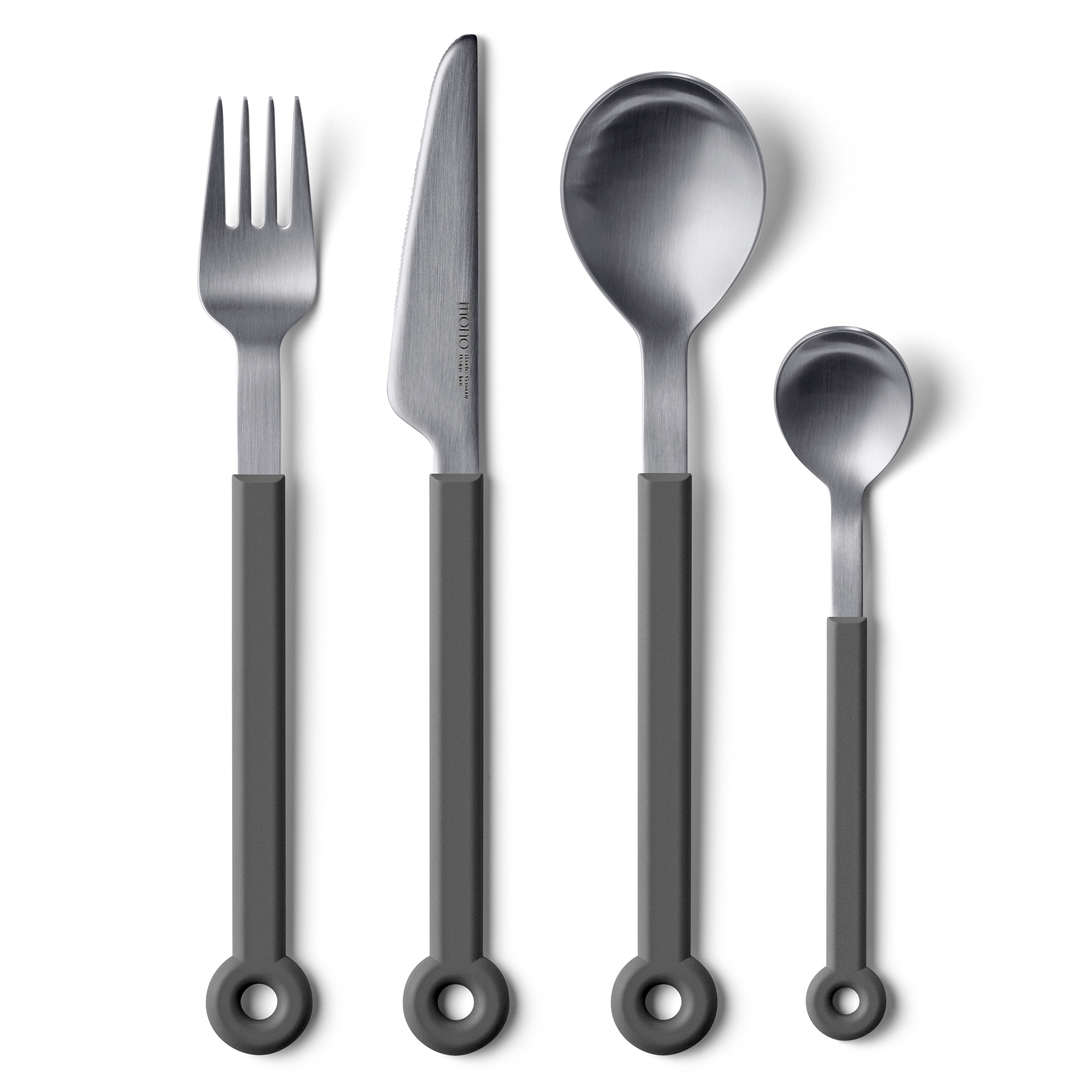 Modernes Besteckset aus Edelstahl mit grauen Griffen