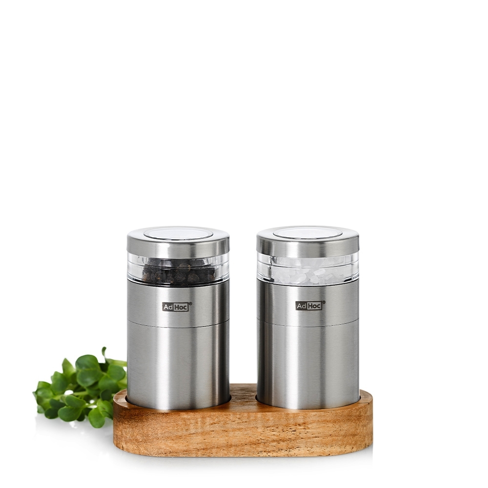 Adhoc MENAGE MOLTO pepper and salt mills on acacia wood