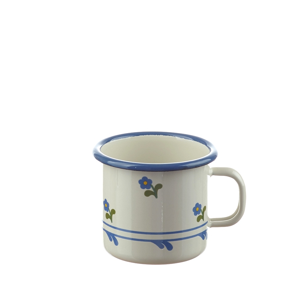 Münder Email - Becher 7 cm, creme/blau, Blümchen Münder Email - Becher 7 cm, creme/blau, Blümchen