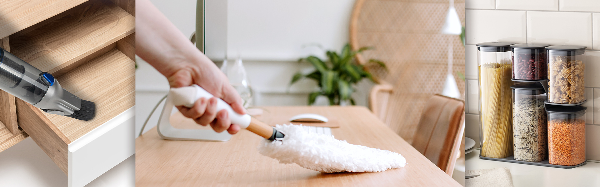 Vacuum cleaner, duster and storage jars in use
