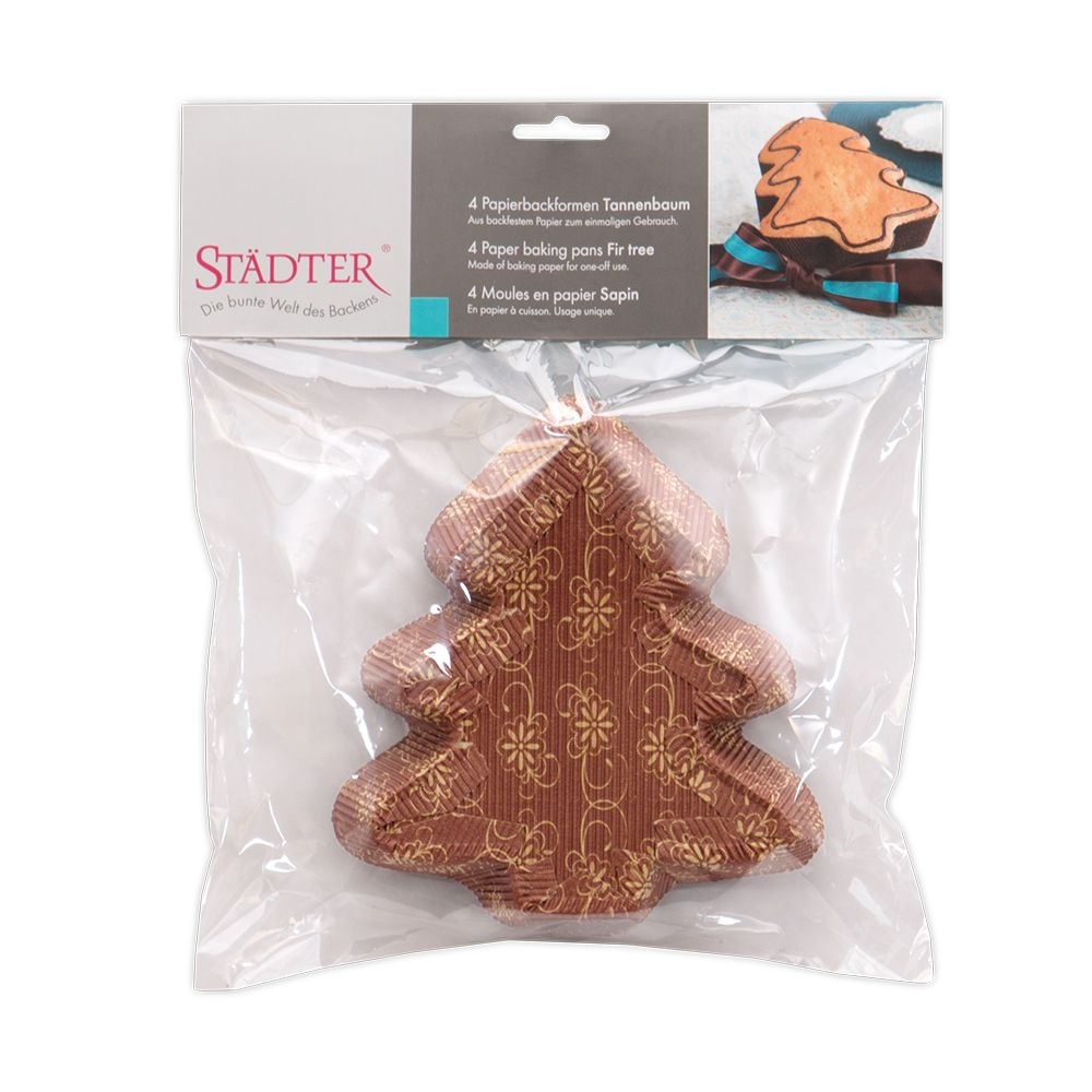 Städter - Papierbackform - Tannenbaum - 16 x 18 cm / H 3,5 cm - Braun - 4 Stück