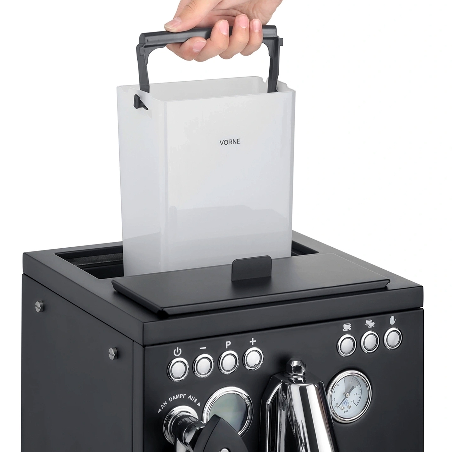 Hand removing water tank from espresso machine