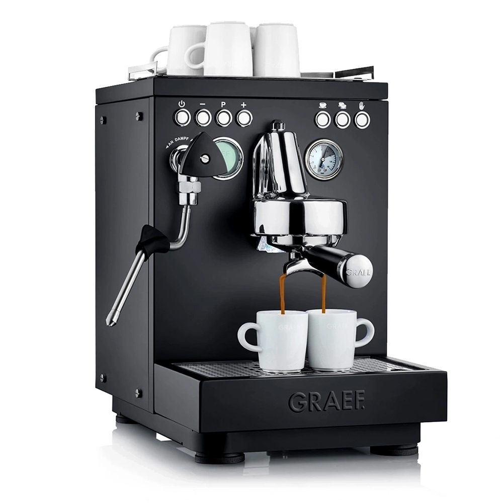 Black Graef portafilter espresso machine with cups