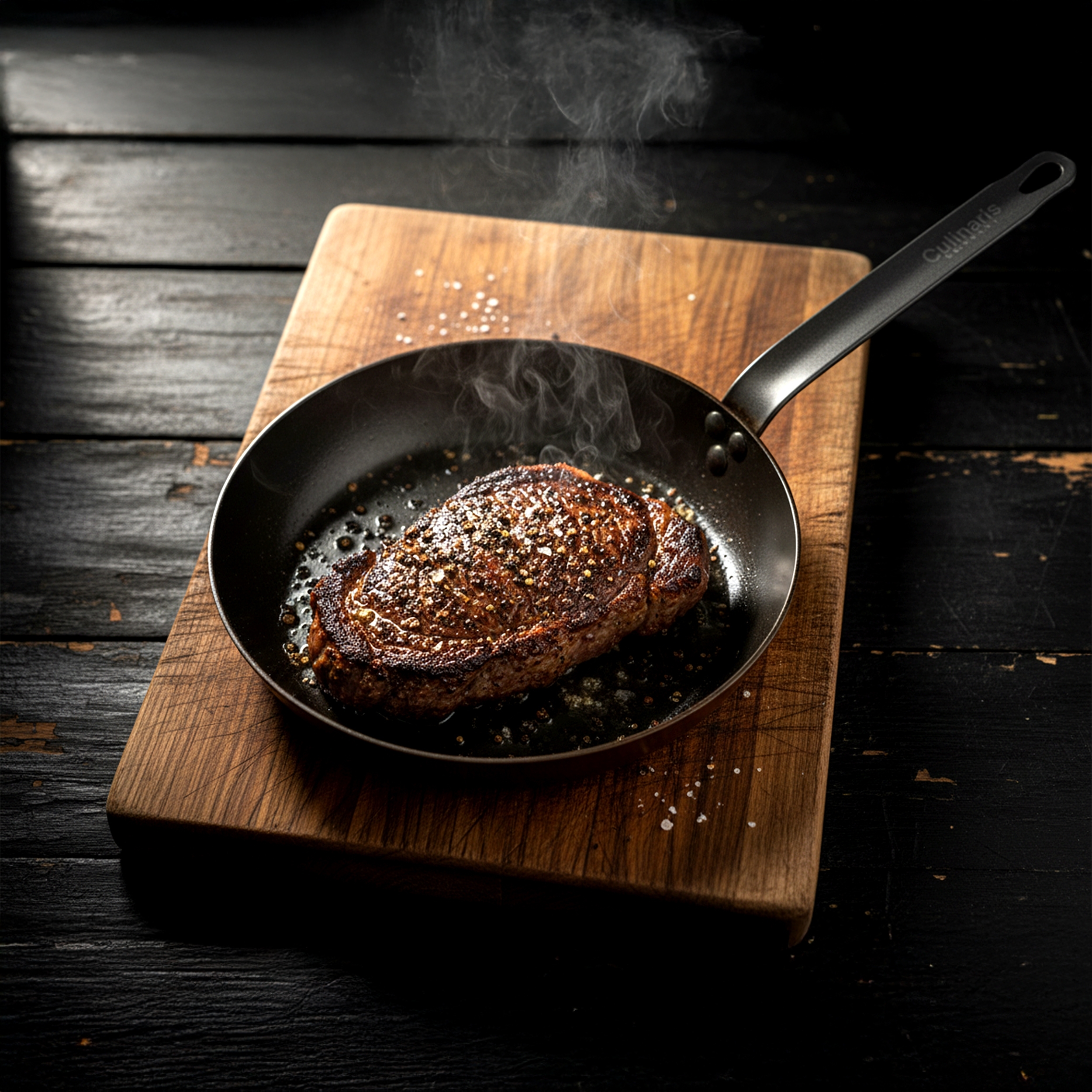 Fierro Classico 28 cm iron pan with steak by Culinaris