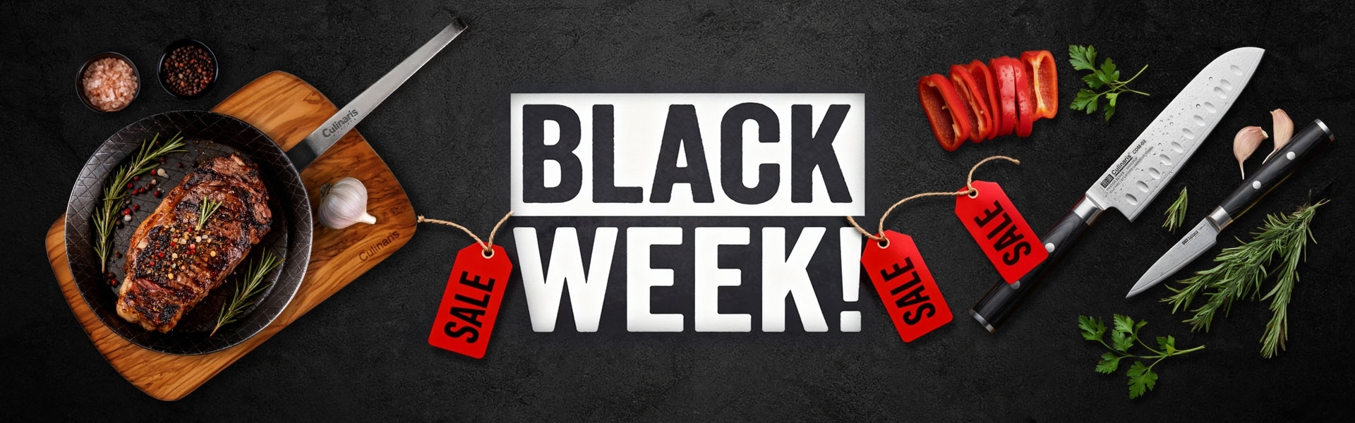Black Week Angebote mit Steak, Messern und Gewürzen