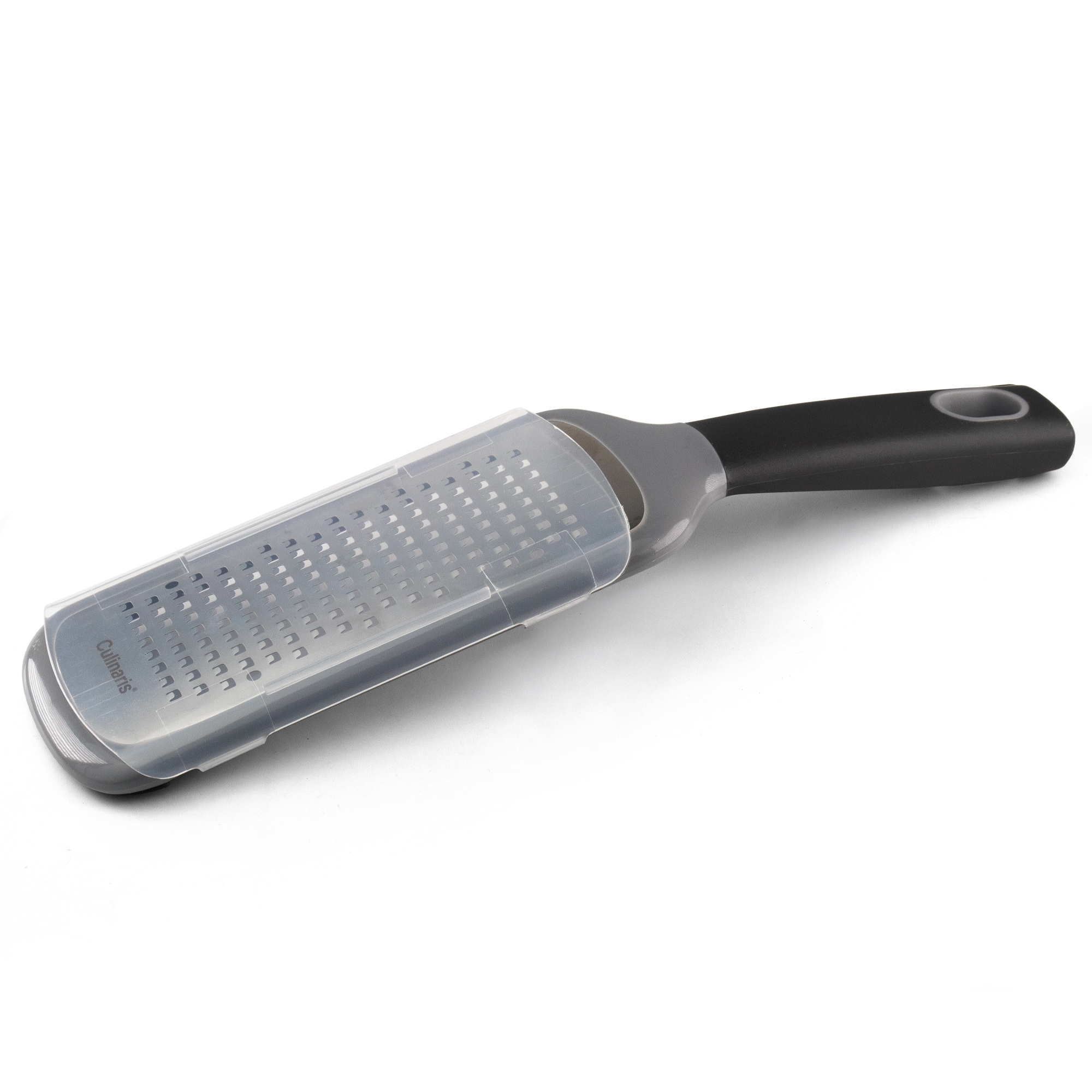 Hand grater with plastic cover and ergonomic handle