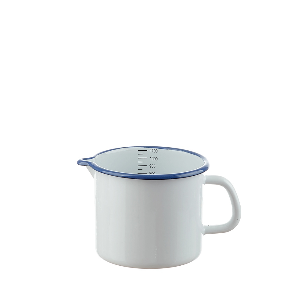 Münder Email - Milk pot 1 liter. with scale, white with blue border