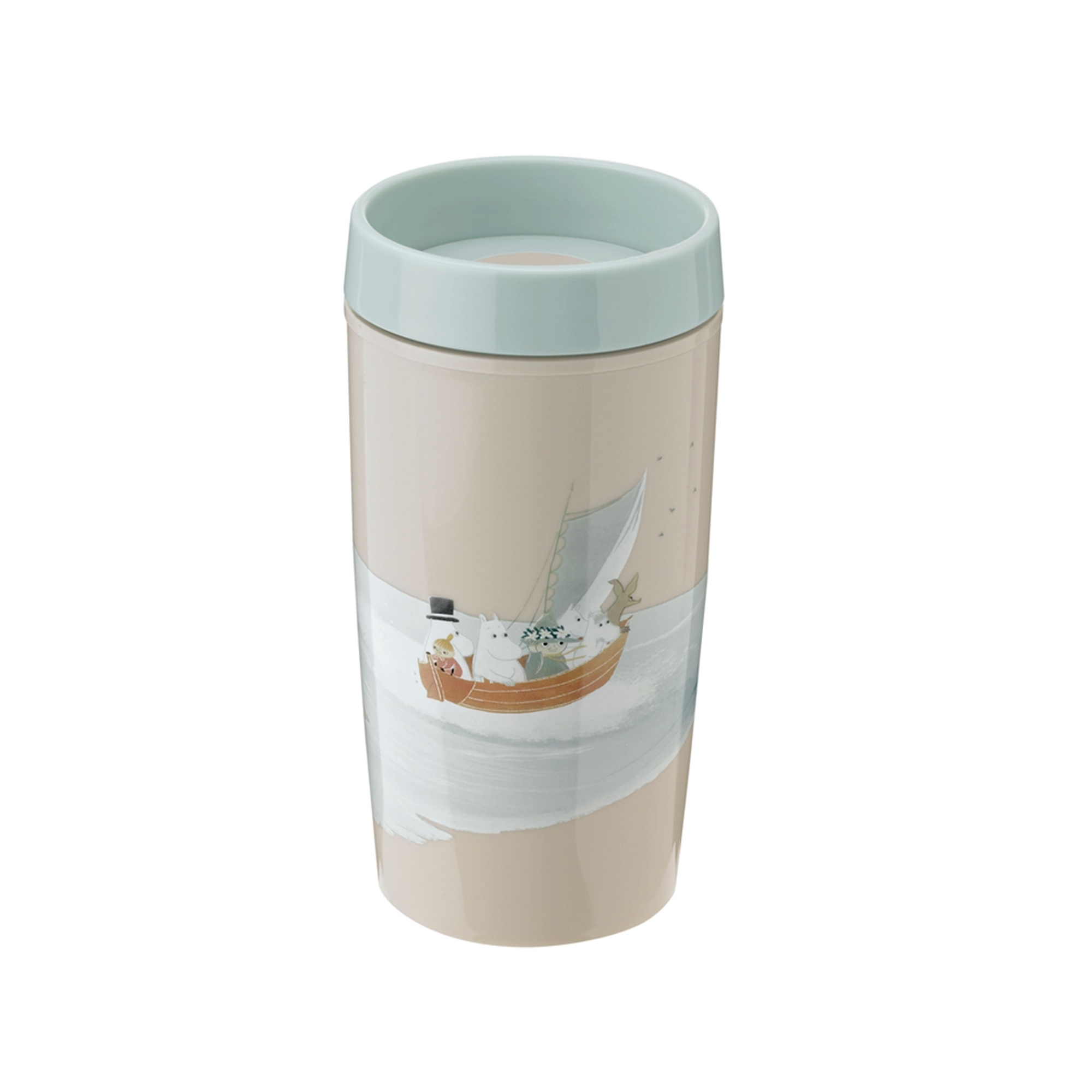 Beige insulated mug with boat motif and characters