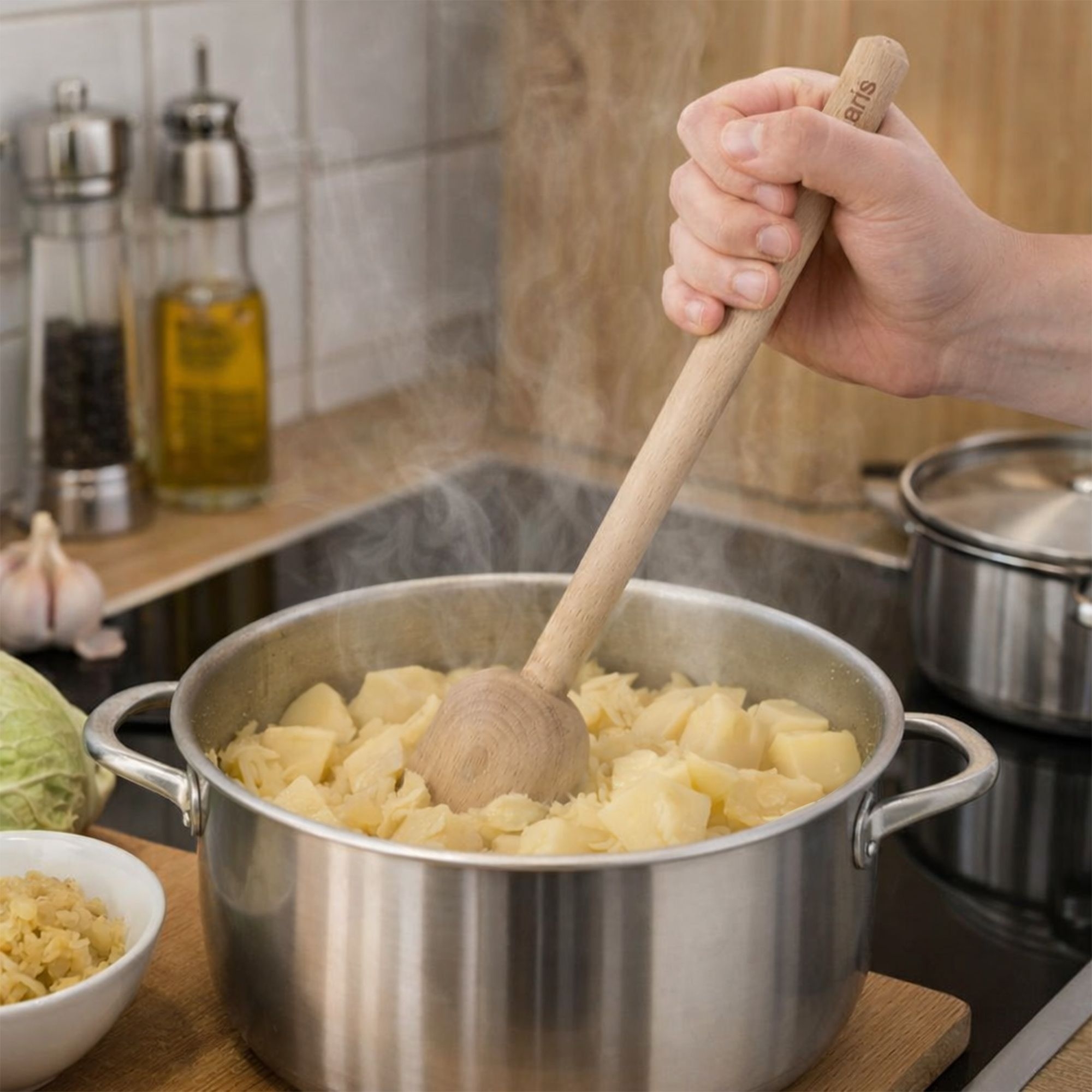 Beech wood cabbage and potato masher in cooking pot