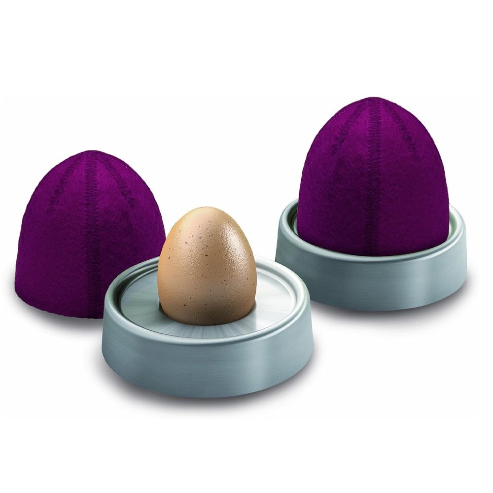 Three purple egg warmers with silver holders