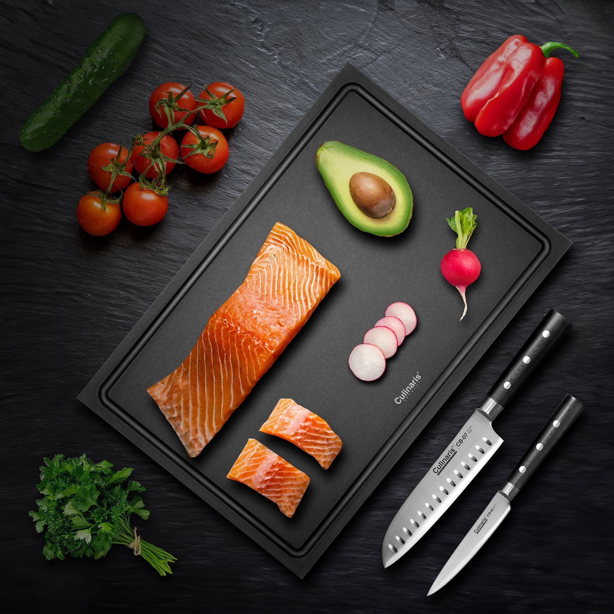 Cutting board NERO + all-purpose knife + Santoku - 3 pcs. | Culinaris Cutting board NERO + all-purpose knife + Santoku - 3 pcs. | Culinaris