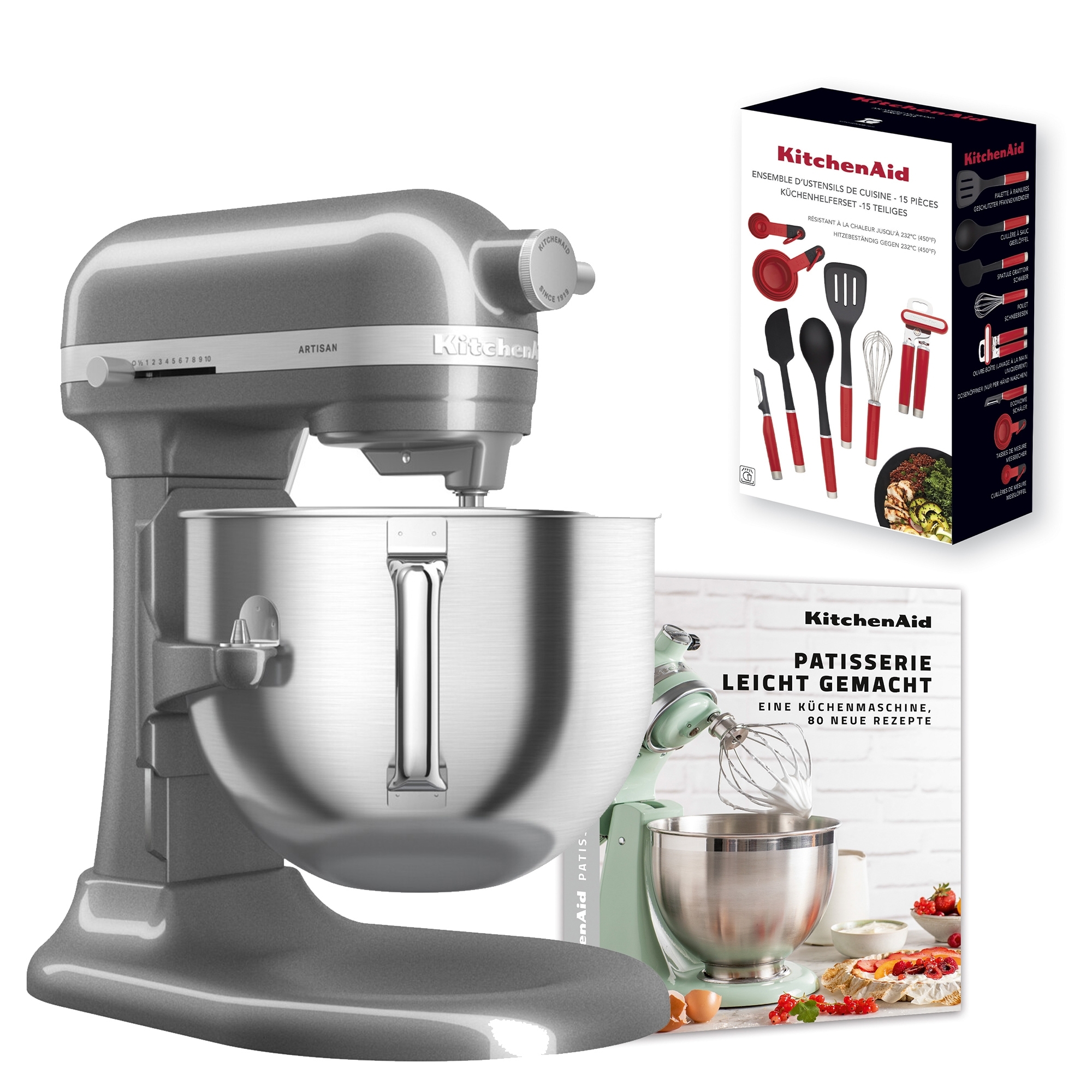 KitchenAid - Set Küchenmaschine 6,6 L + 15 tlg. Küchenhelfer-Set + Rezeptbuch „Patisserie leichtgemacht“ - Medallion Silber