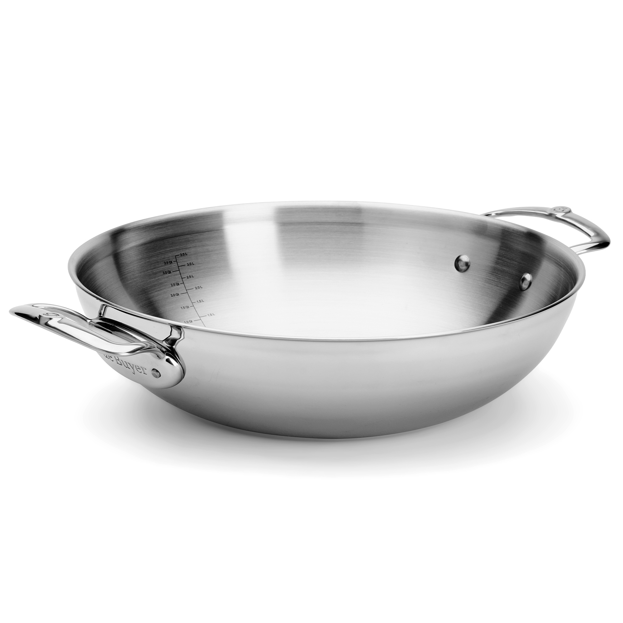Round stainless steel wok pan with two handles