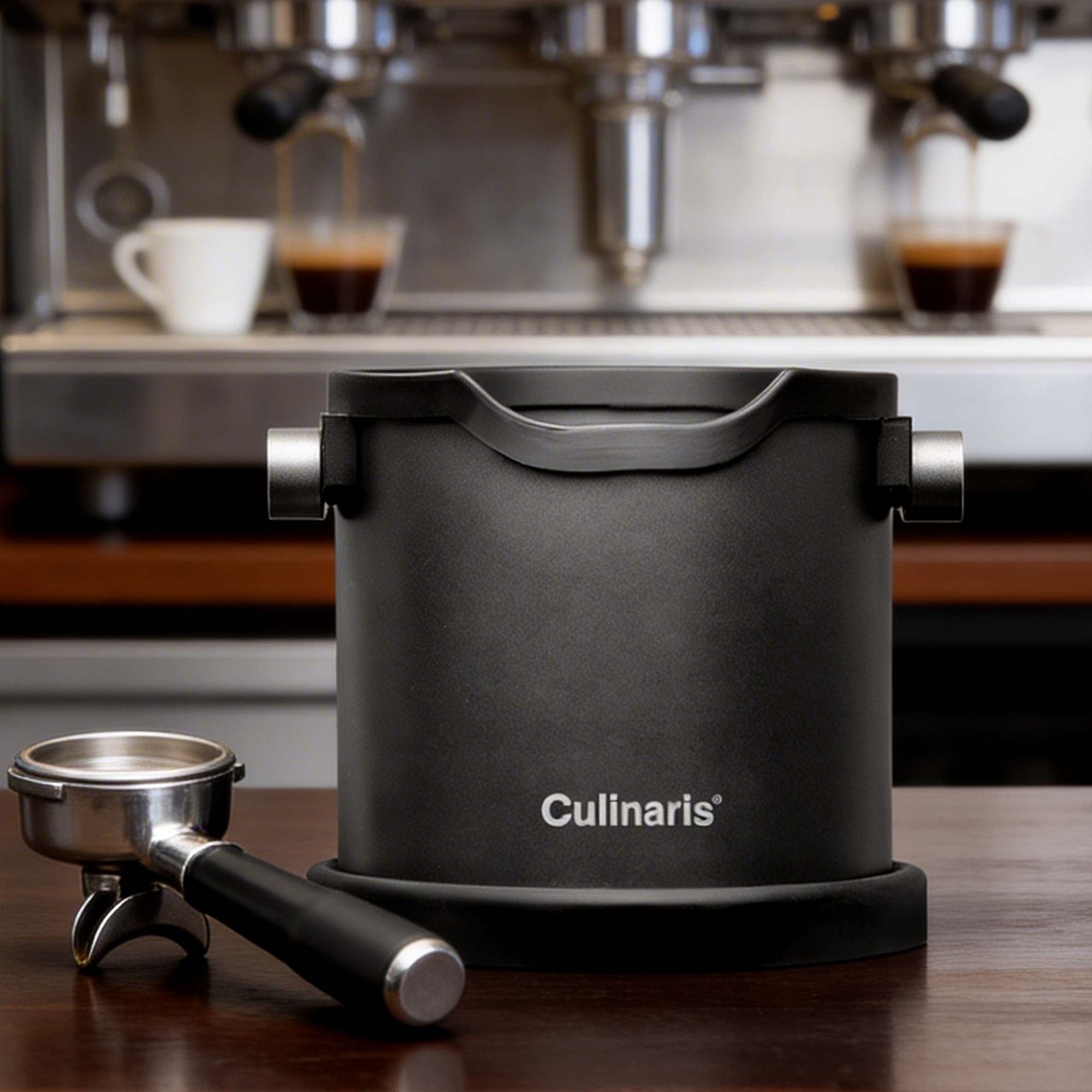 Culinaris espresso knock box in black matt beside portafilte
