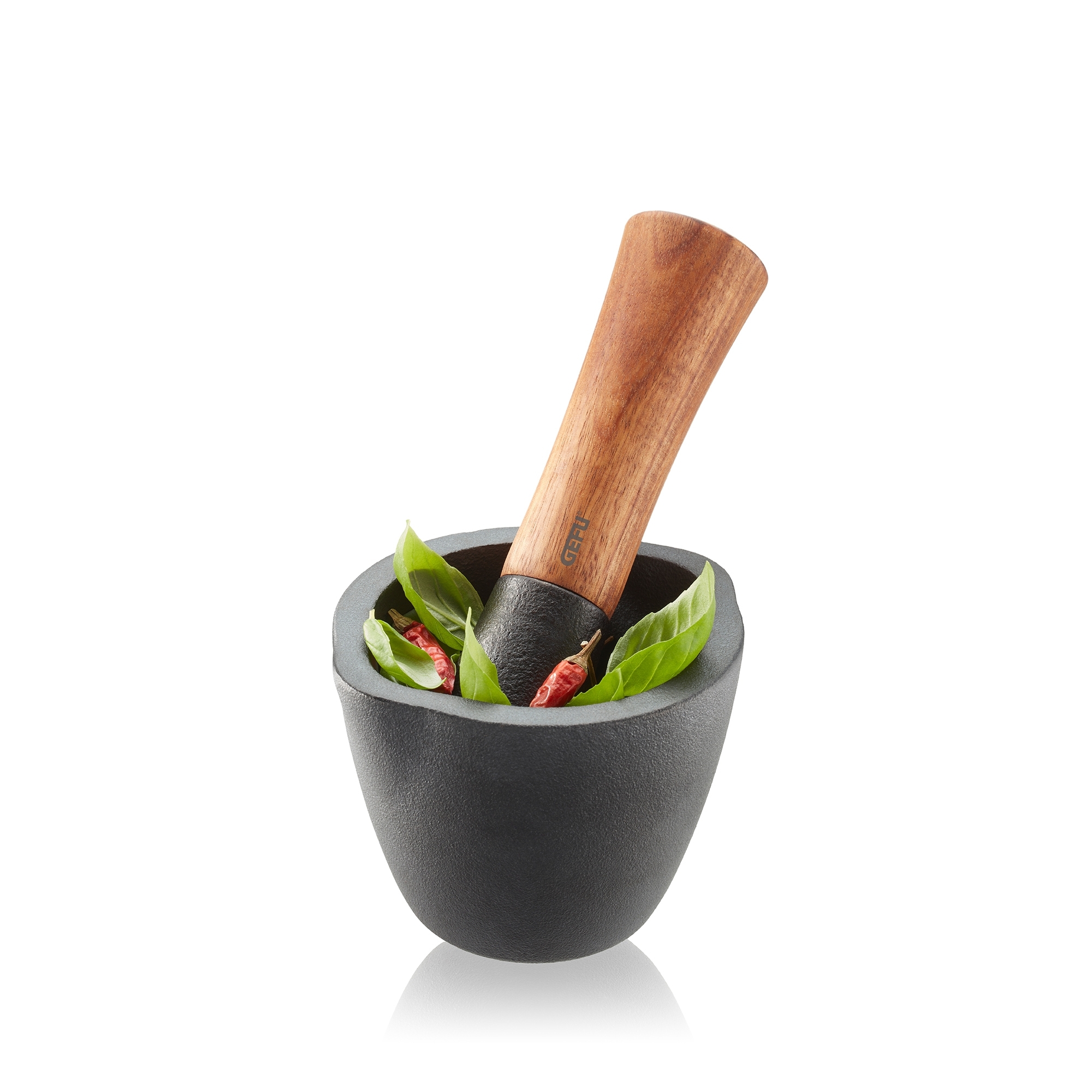 Black cast iron mortar with wooden pestle