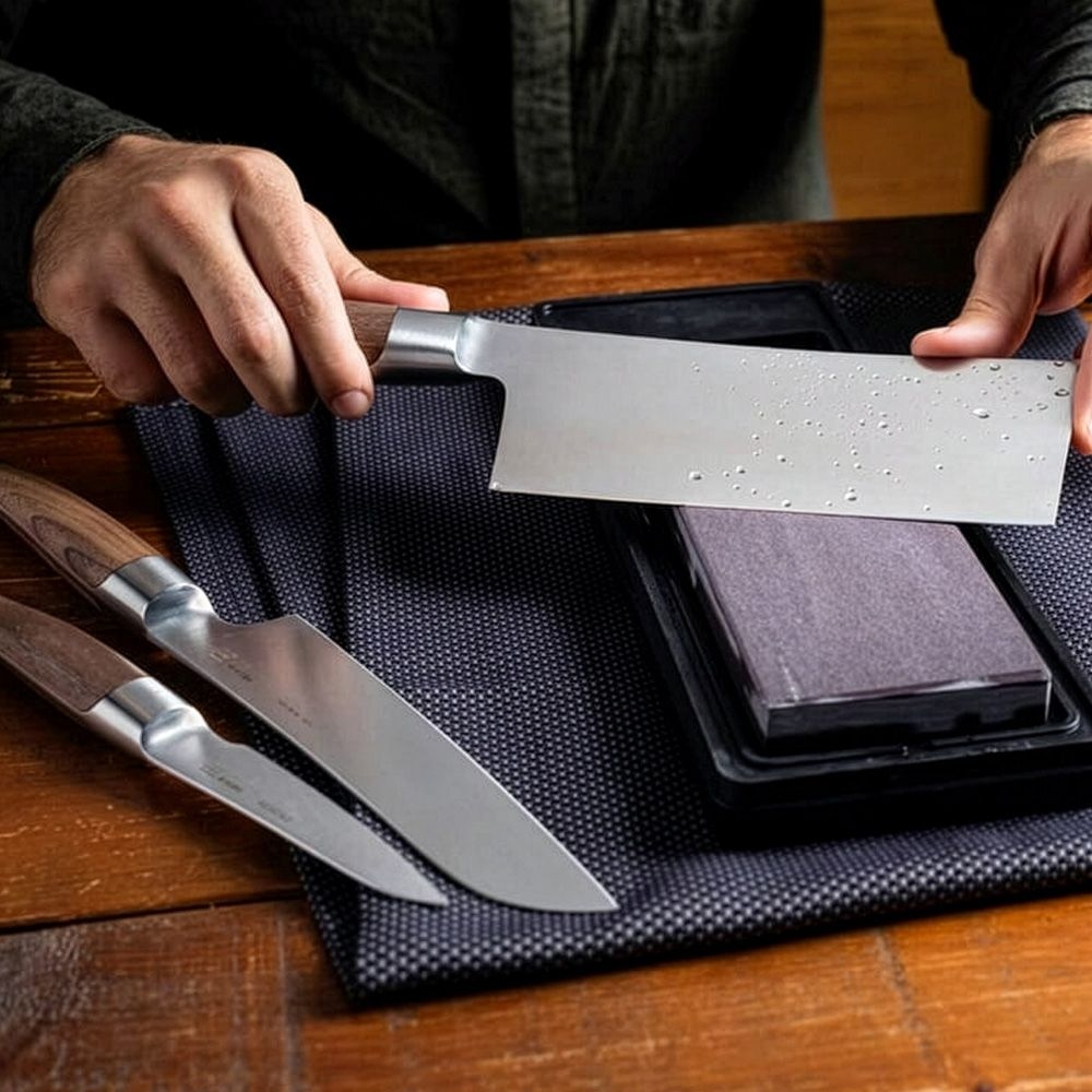 Person schärft Küchenmesser-Set auf Nassschleifstein