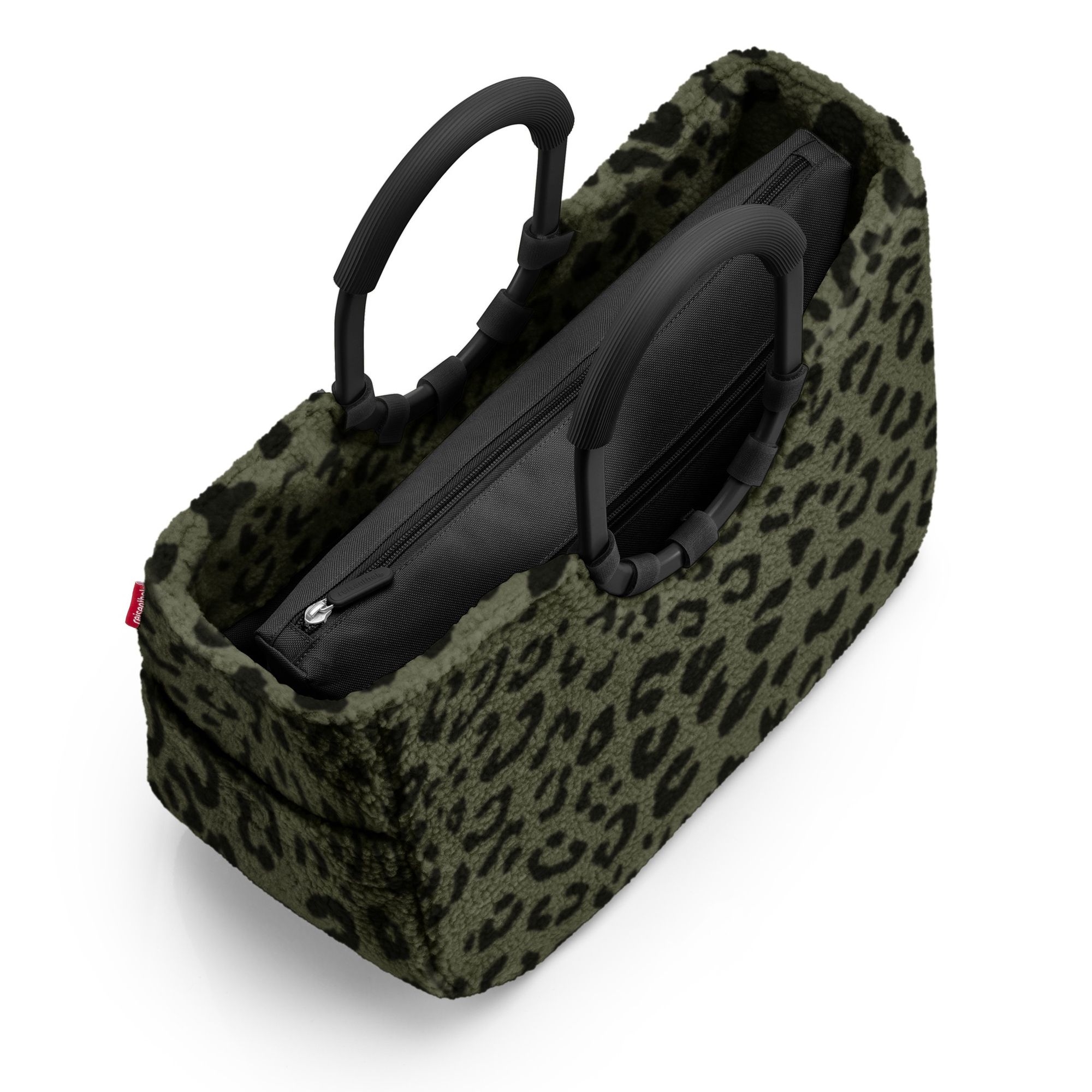 Green leopard print fur bag with black handles