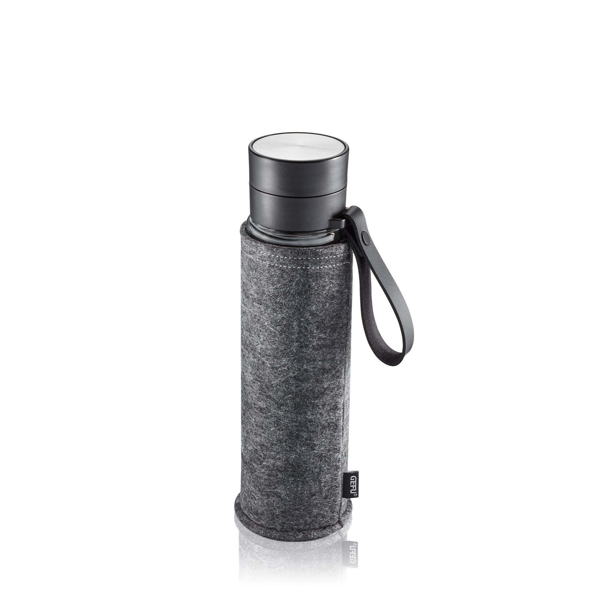 Grey glass water bottle with felt sleeve and strap