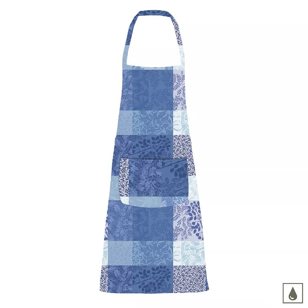 Blue patchwork cooking apron with front pocket