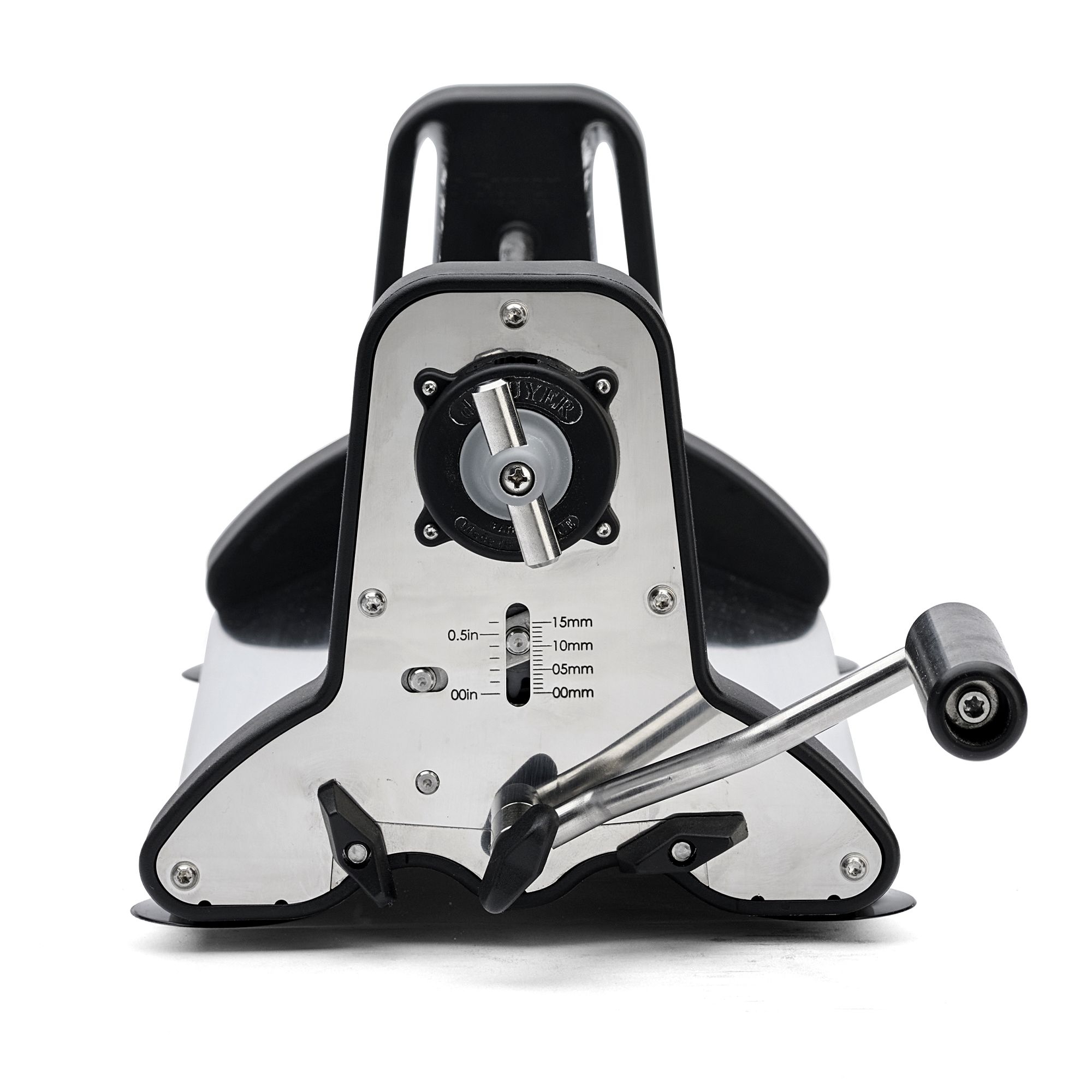 Front view of a manual food slicer