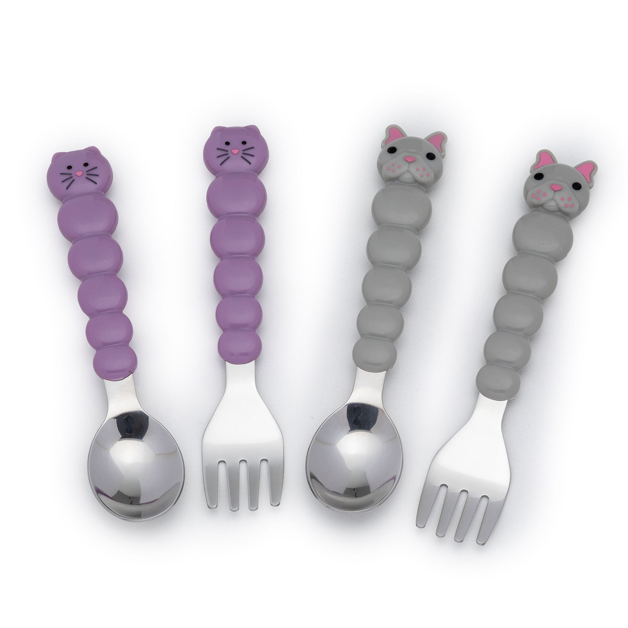 melii - Gabel & Löffel "Bulldogge" & "Katze" - 4er-Set, lila/grau melii - Gabel & Löffel "Bulldogge" & "Katze" - 4er-Set, lila/grau