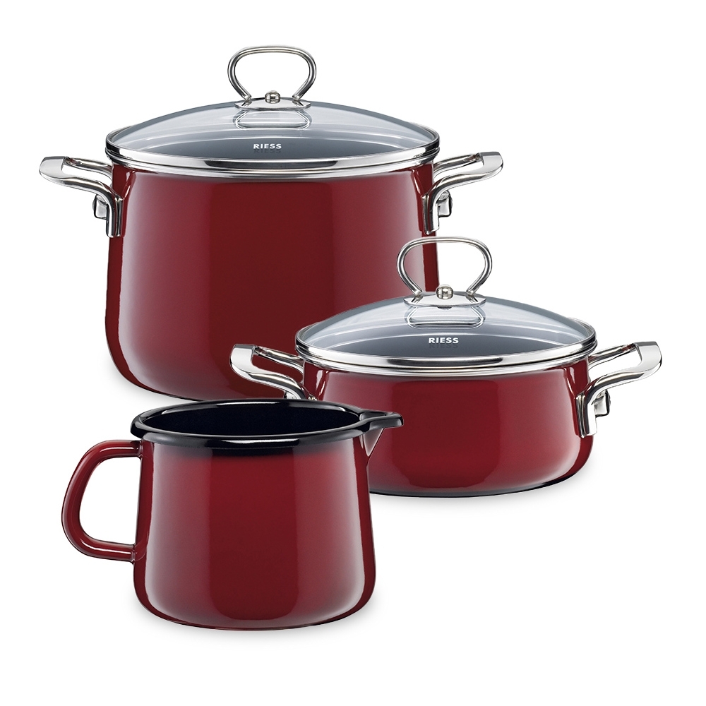Riess Set Pentole Smaltate NOUVELLE 5 Pezzi – Rosso Extra Forte, Con Coperchi In Vetro, Adatte A Induzione - 2