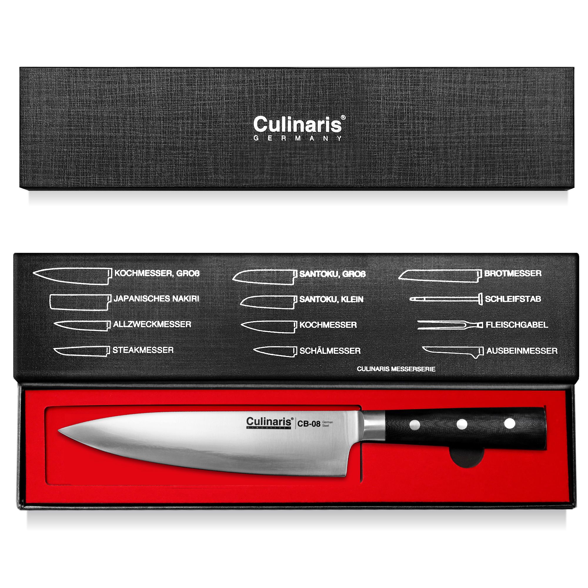 Culinaris - Messer-Set - Kochmesser CB-08 + Santoku CB-04 + Schälmesser CB-01 + Messerblock CB-13