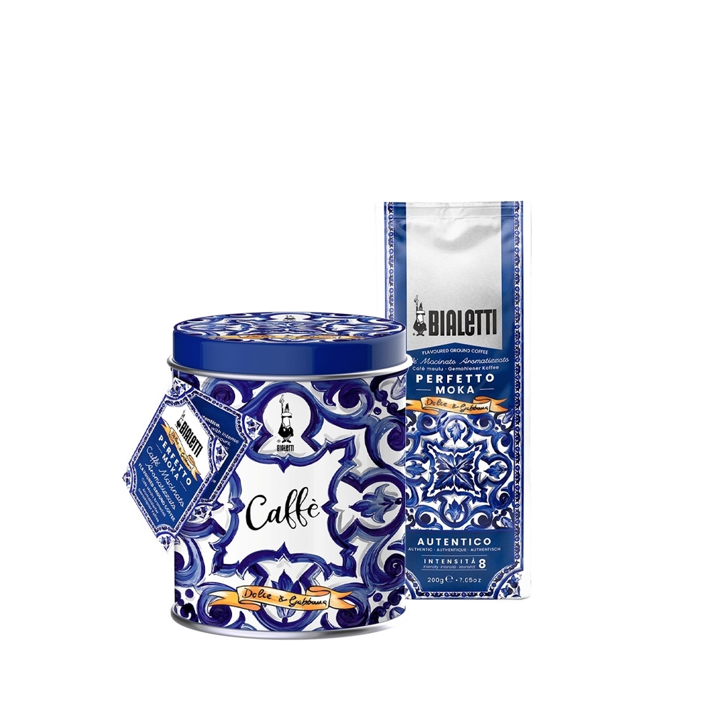 Bialetti - Design-Kaffeedose und Perfetto MokaAutentico Kaffee,  - Dolce & Gabbana Blu Mediterraneo