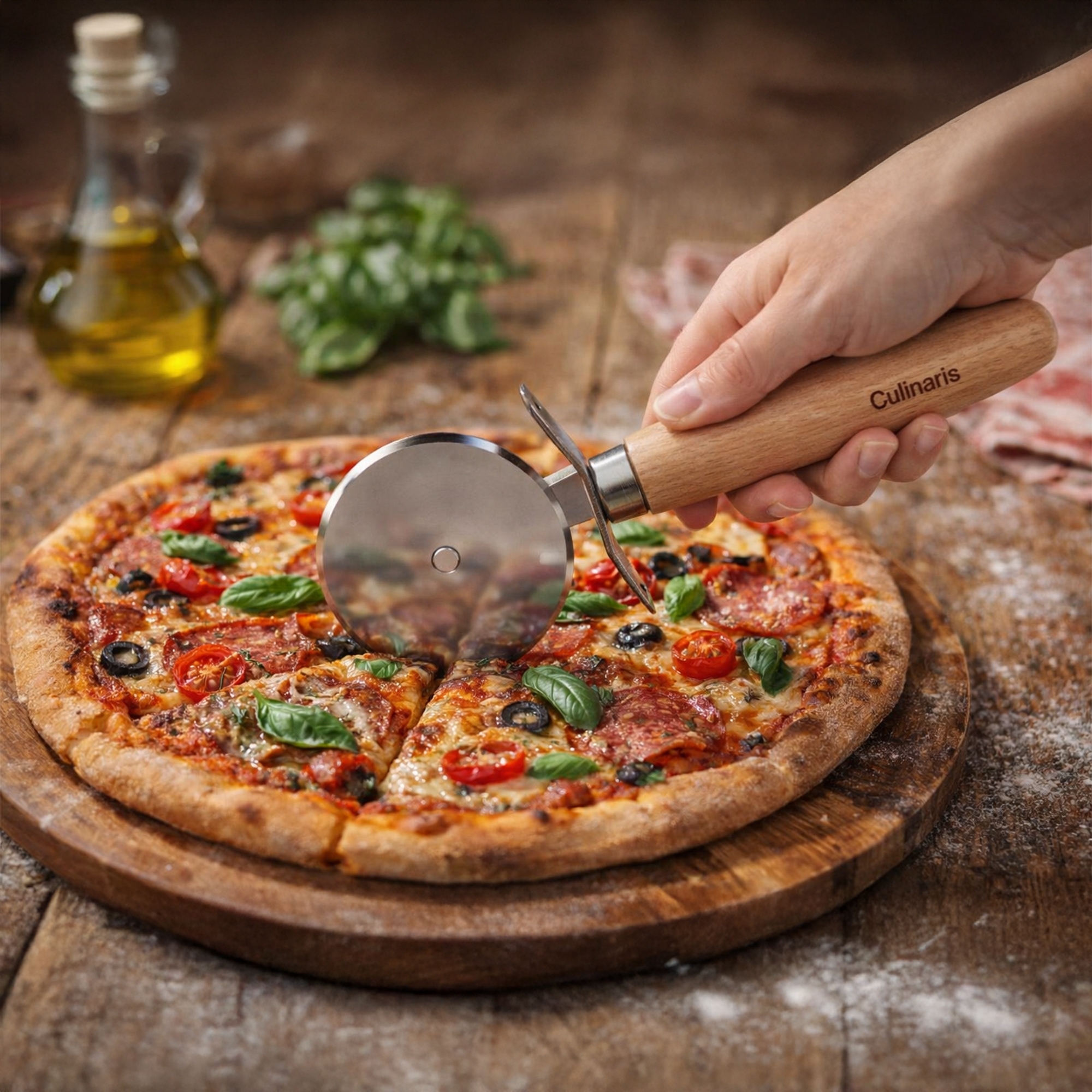 Culinaris Pizzarad aus Buchenholz schneidet knusprige Pizza
