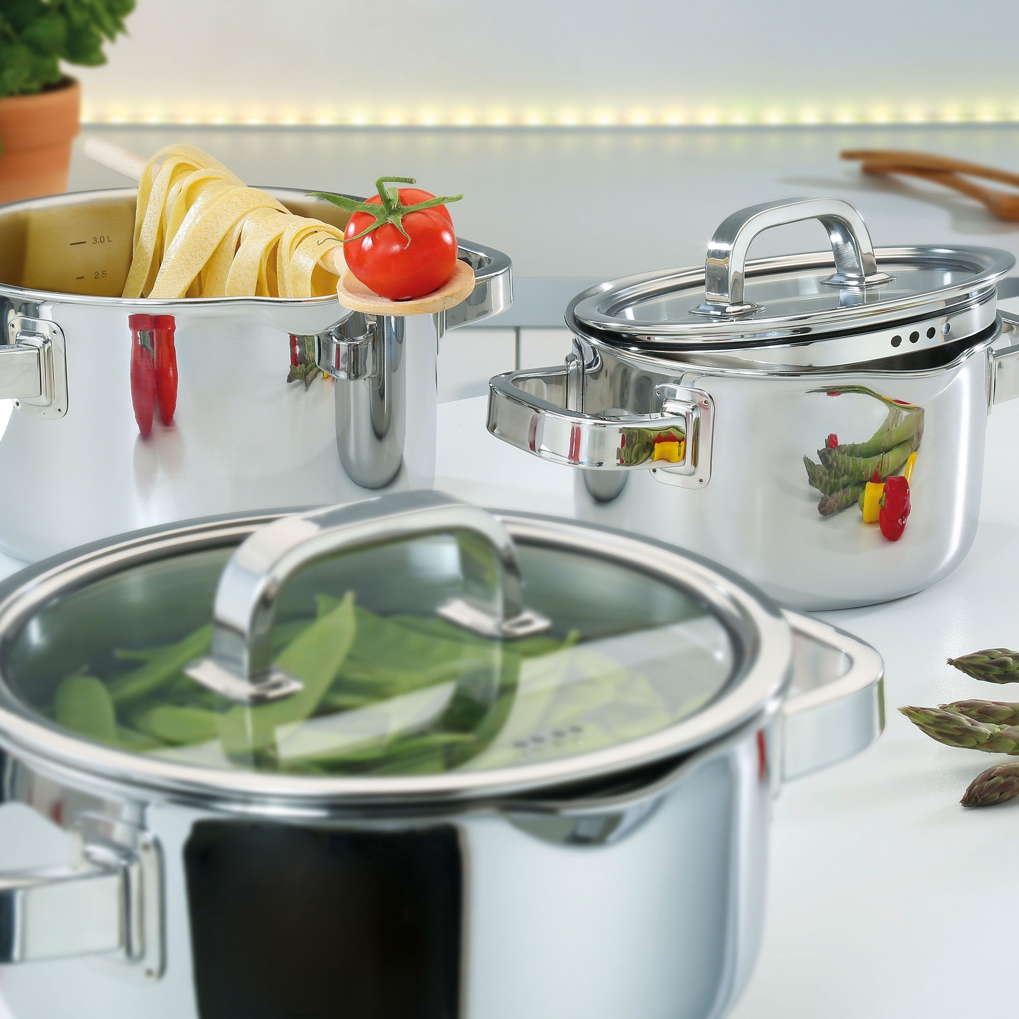 Hochwertiges Edelstahl Kochtopf-Set in Küche