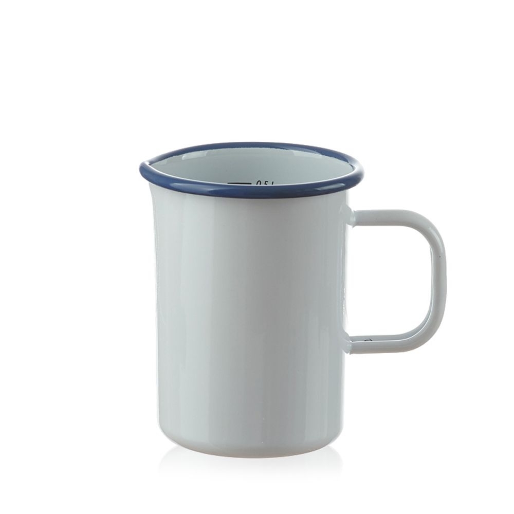 Münder Email - Meßbecher 0,5 L - Weiß mit blauem Rand Münder Email - Meßbecher 0,5 L - Weiß mit blauem Rand