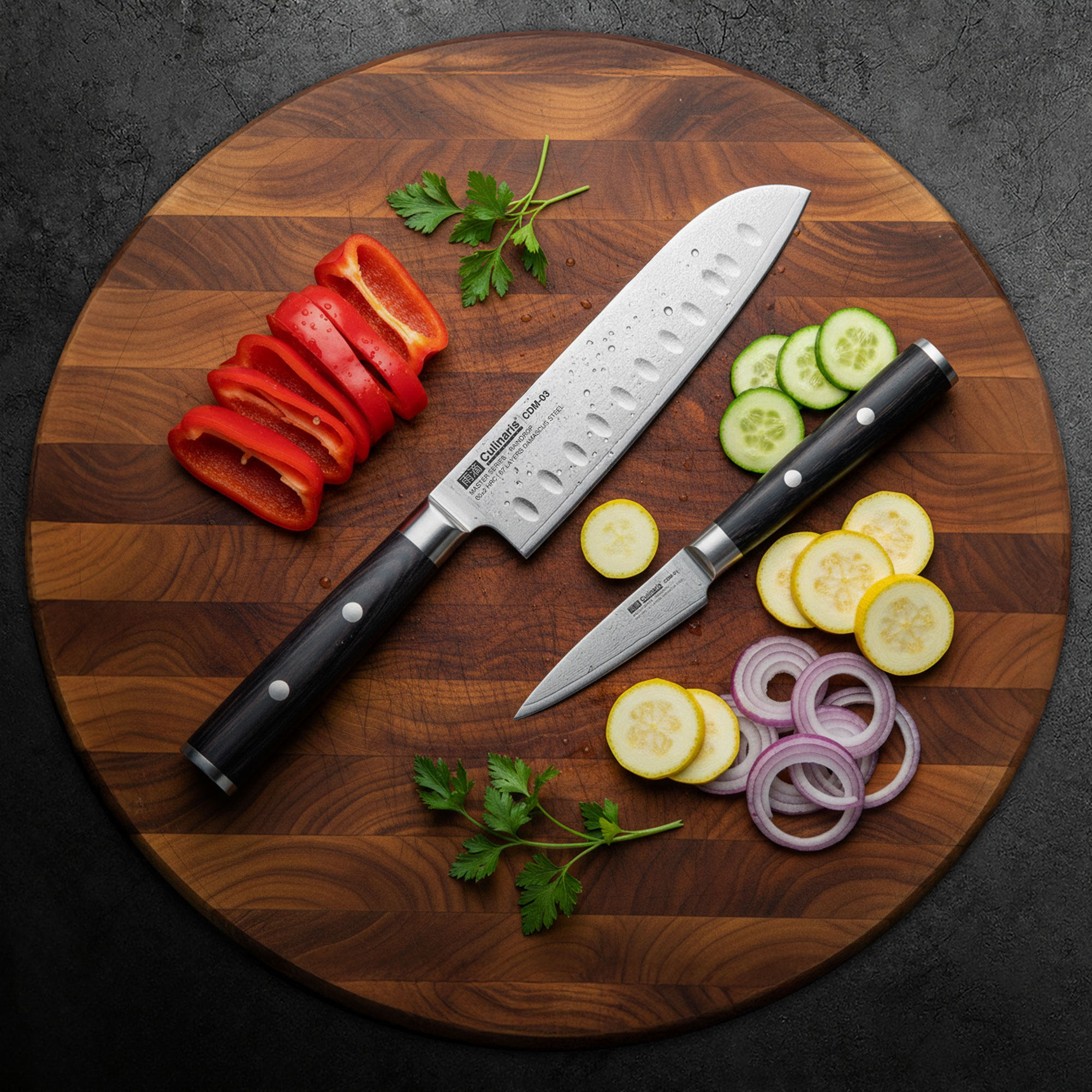 Cutting board with two knives and sliced vegetables