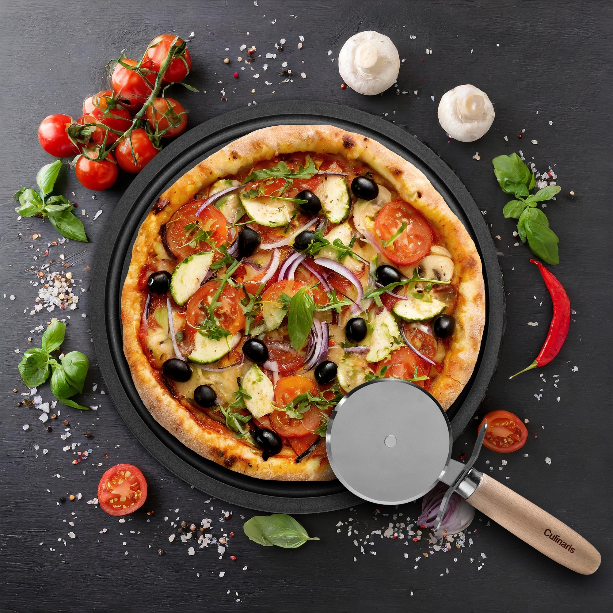 Cutting board NERO - Ø 30 x 0,9 cm + pizza cutter/pizza wheel | Culinaris Cutting board NERO - Ø 30 x 0,9 cm + pizza cutter/pizza wheel | Culinaris