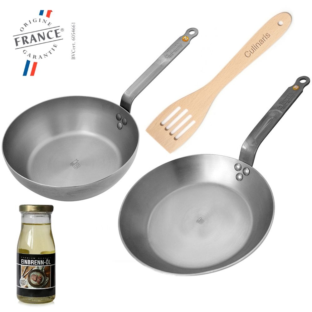 de Buyer - Eisenpfanne 28 cm + Landpfanne 24 cm + Wender + Einbrennöl de Buyer - Eisenpfanne 28 cm + Landpfanne 24 cm + Wender + Einbrennöl