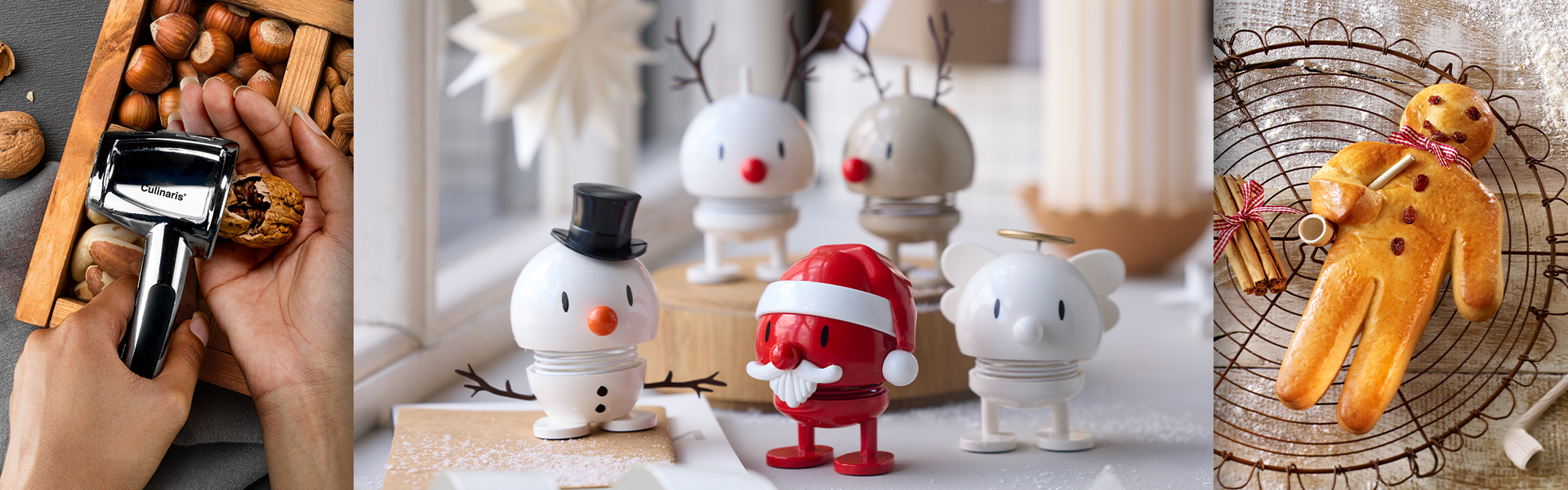 Nussknacker, Weihnachtsfiguren und Gebäck im Arrangement