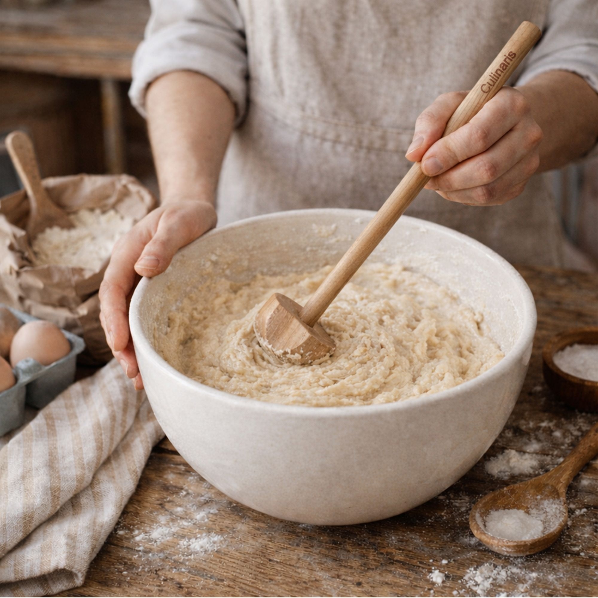 Culinaris maple wood whisk stirring dough in bowl