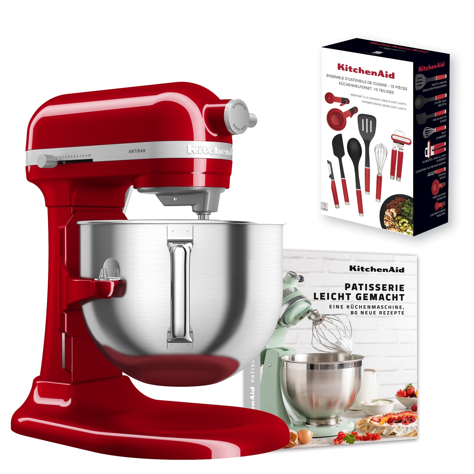 KitchenAid - Set Küchenmaschine 6,6 L + 15 tlg. Küchenhelfer-Set + Rezeptbuch „Patisserie leichtgemacht“ - Empire Rot