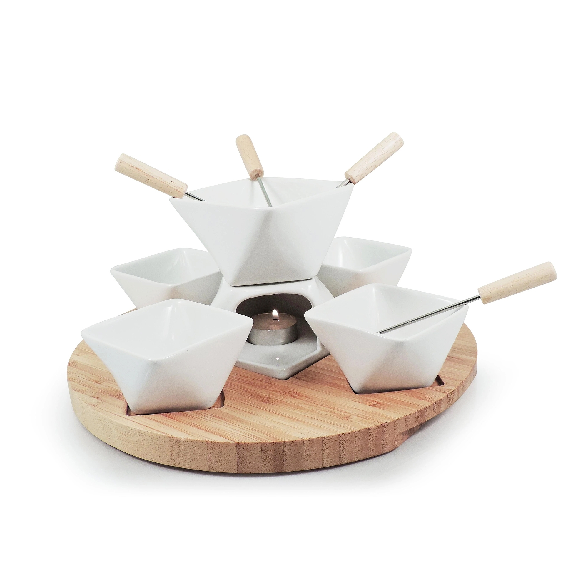 Rundes Fondue-Set mit Porzellanschalen und Gabeln