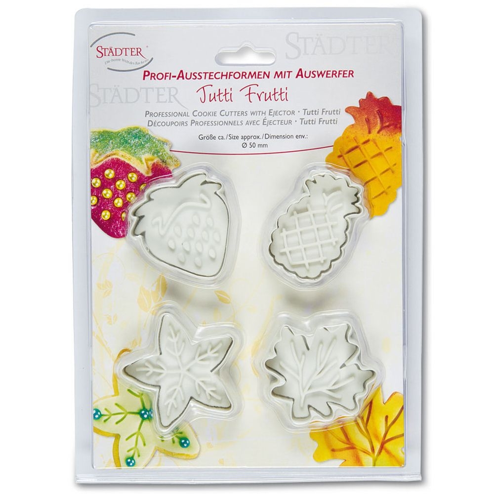 Städter - Ausstecher mit Auswerfer Tutti Frutti - 50 mm - Set, 4 pieces Städter - Ausstecher mit Auswerfer Tutti Frutti - 50 mm - Set, 4 pieces